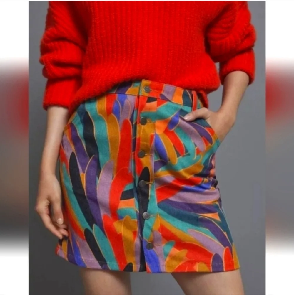FARM RIO × Anthropologie Kiki Red Abstract Corduroy ButtonFront Mini Skirt S New